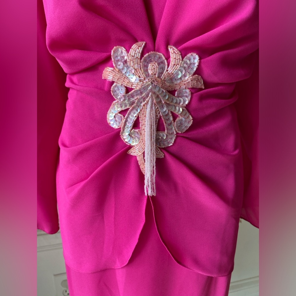 ❌SOLD❌ NWT VTG JUSTIN DAVID HOT PINK BEADED SEQUINED GOWN DRESS 70’S 80SIZE 14 - Picture 2 of 13